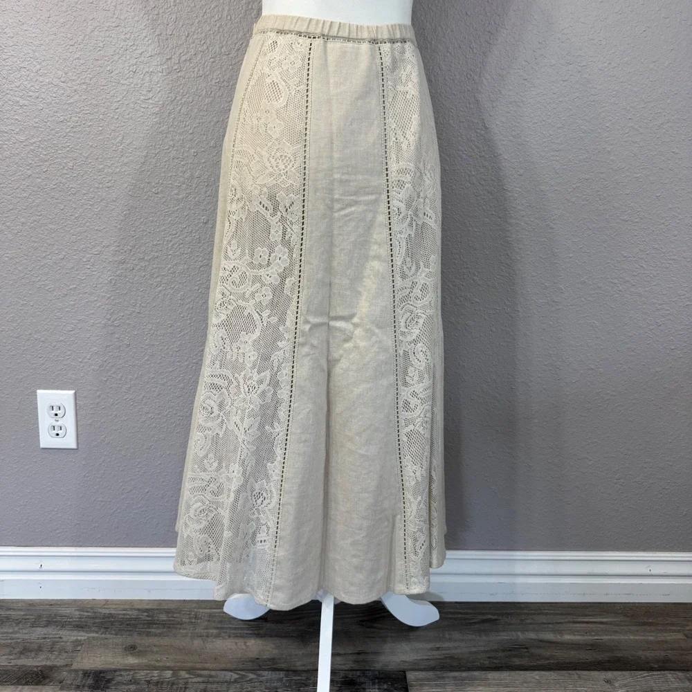 Coldwater Creek Women's Size PS Tan Linen Blend Crochet Lace‎ Panel Maxi Skirt